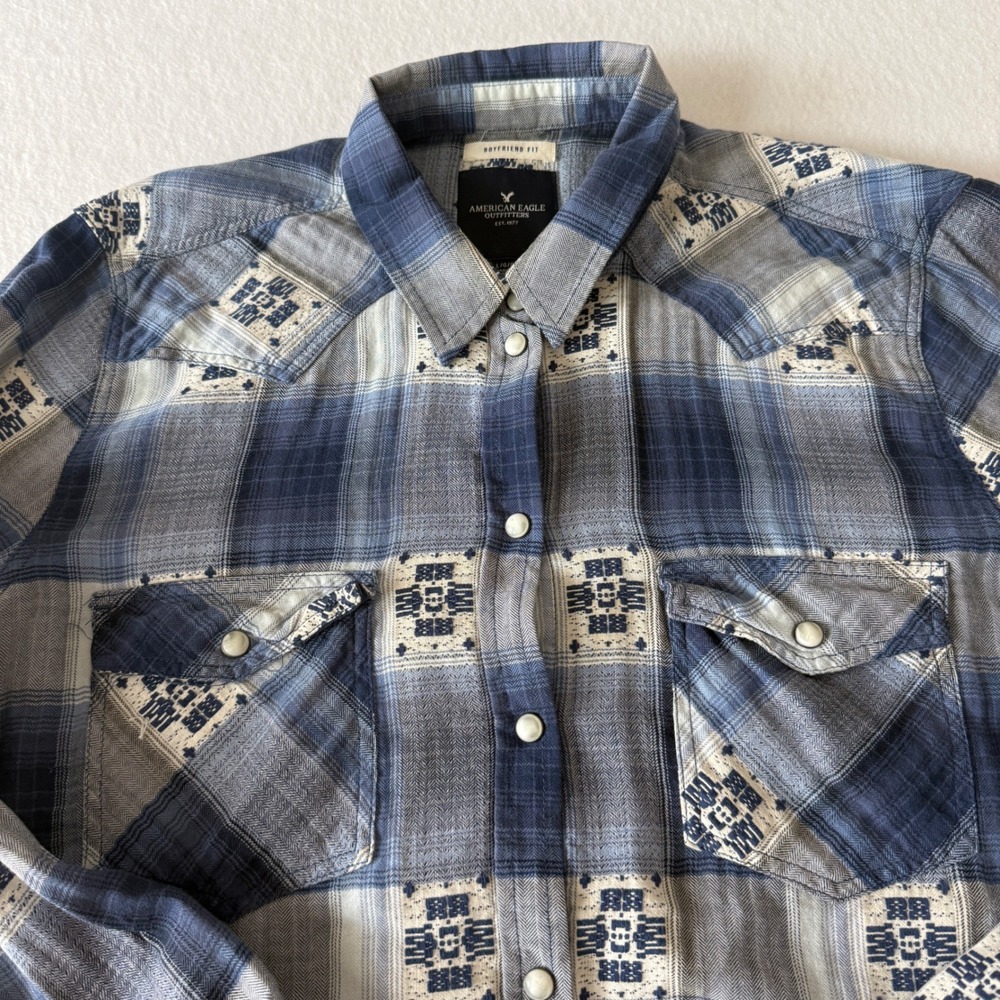 American Eagle Plaid Western Button Down Relaxed Boyfriend Fit Women Large Blue